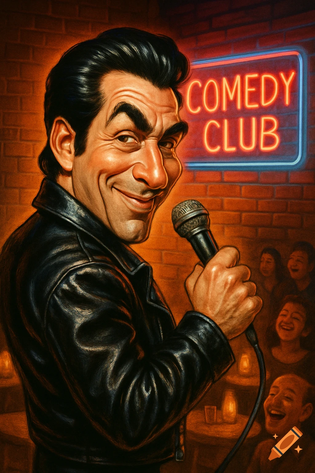 A caricature of a comedian with slicked-back hair and a leather jacket holding a microphone on stage at a comedy club with a neon sign.