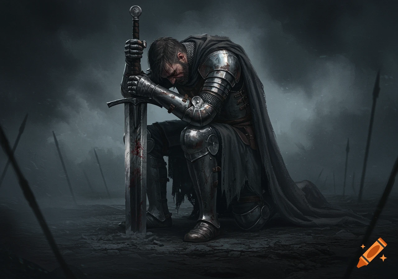 A solemn medieval knight in weathered armor kneels, gripping a sword on a misty, somber battlefield. Dark fantasy art style.