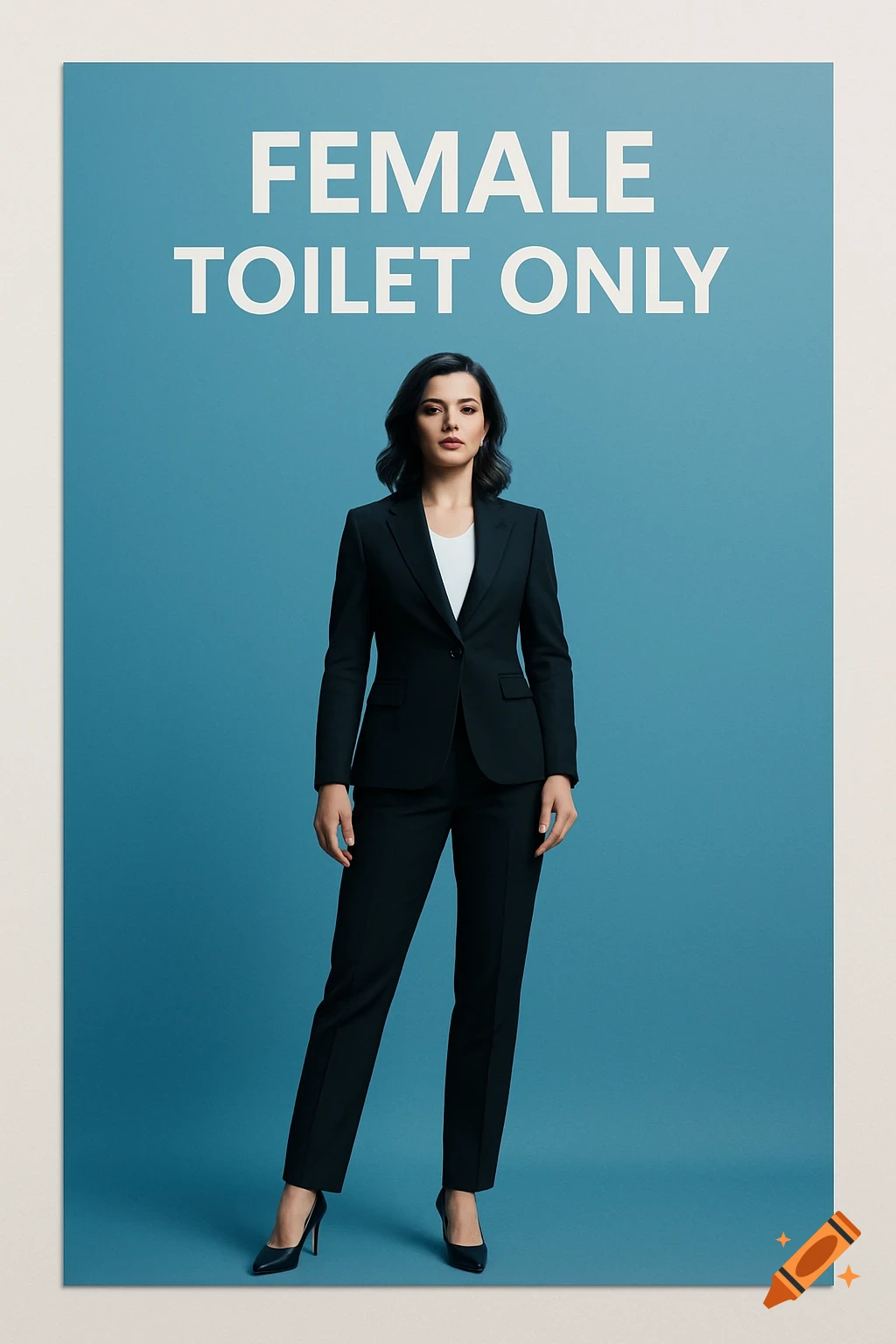 A woman in a black suit standing against a blue background with the text 'FEMALE TOILET ONLY' above her, in a photorealistic style.