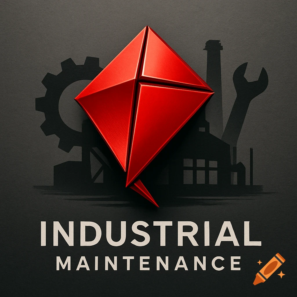 A bold red kite logo with a textured finish, set against a dark background with silhouettes of industrial elements and the text 'INDUSTRIAL MAINTENANCE'.