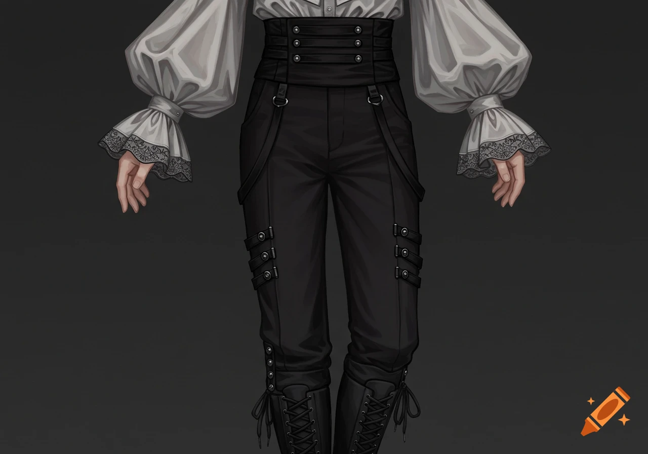 An illustration of a torso dressed in gothic-inspired menswear, featuring a white ruffled blouse with voluminous sleeves and black high-waisted pants with buckles and lace-up boots.
