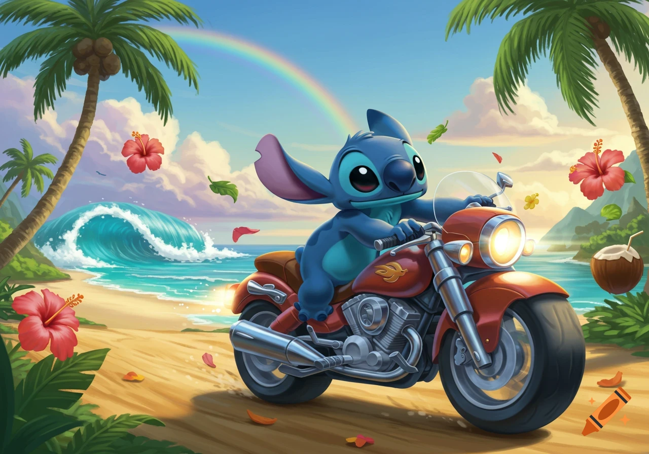 Stitch rides a red motorcycle on a sunny tropical beach with palm trees, a large wave, a rainbow, and falling hibiscus flowers.