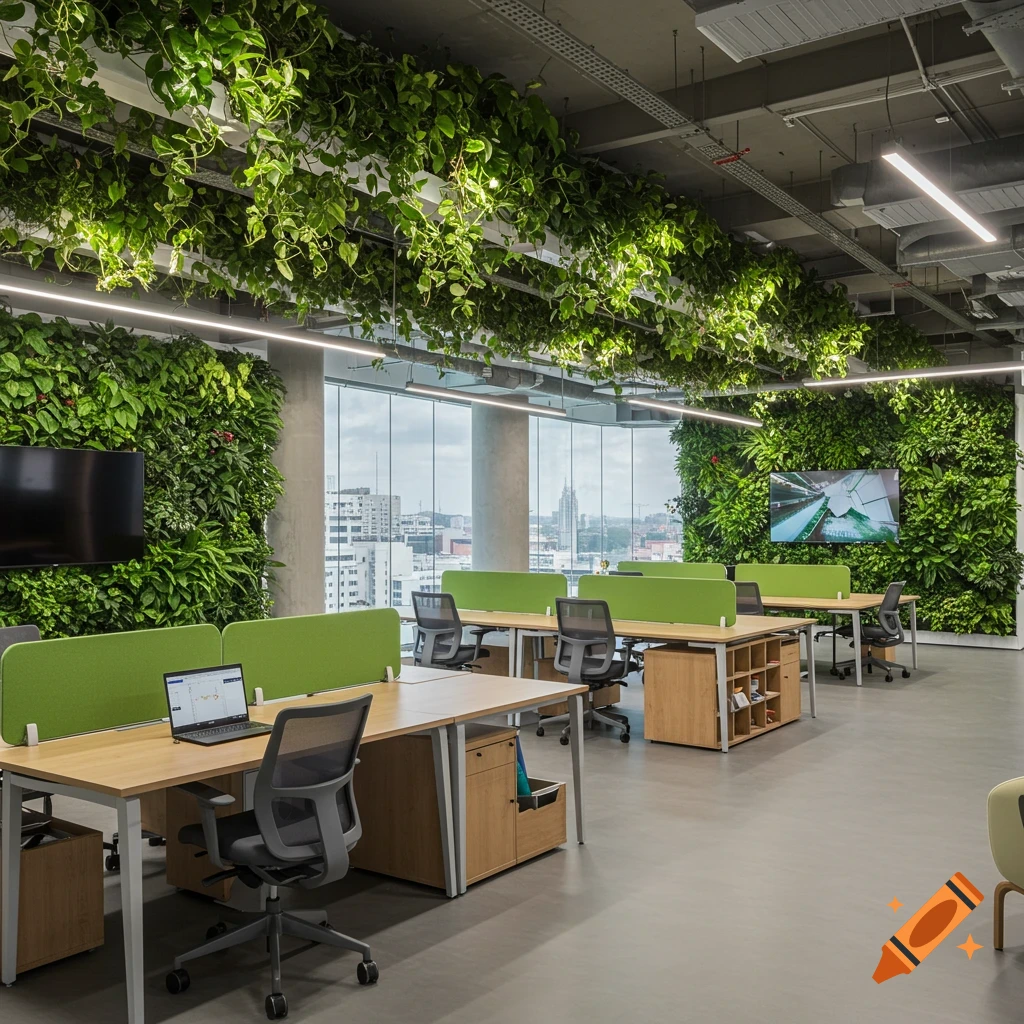 A modern office space with large windows, green walls, and plants hanging from the ceiling. Desks with chairs are arranged throughout.