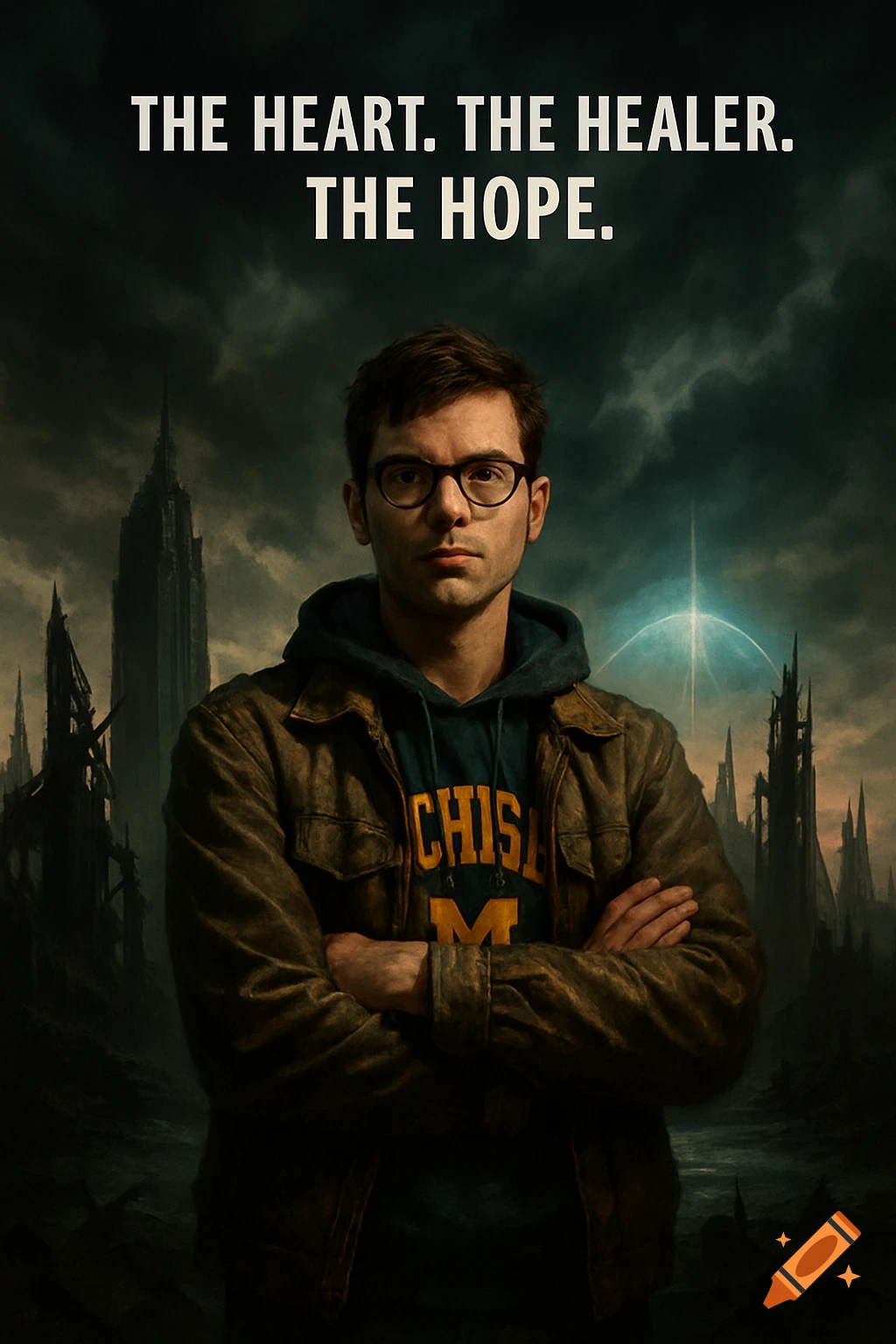 A man with glasses and a hoodie stands with crossed arms in front of a ruined city skyline under a stormy sky, with text overlay 'The Heart. The Healer. The Hope.'