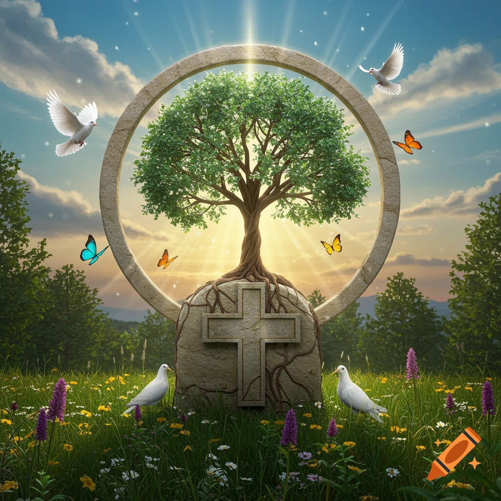 A green tree rooted on a stone cross within a ring, in a field of wildflowers with doves and butterflies under a bright, sunny sky.