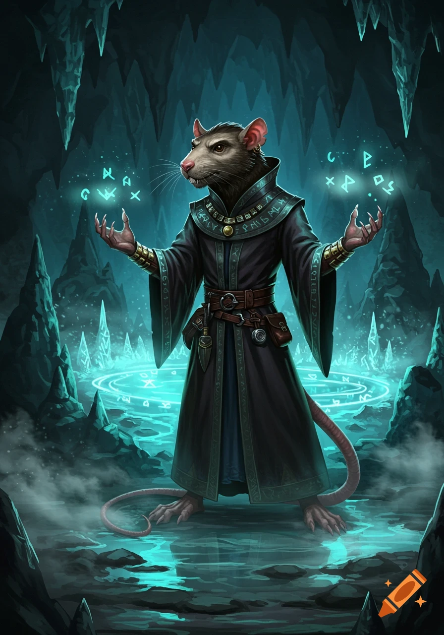 A rat-like wizard in dark robes casting spells with glowing runes in a dimly lit, icy cave.