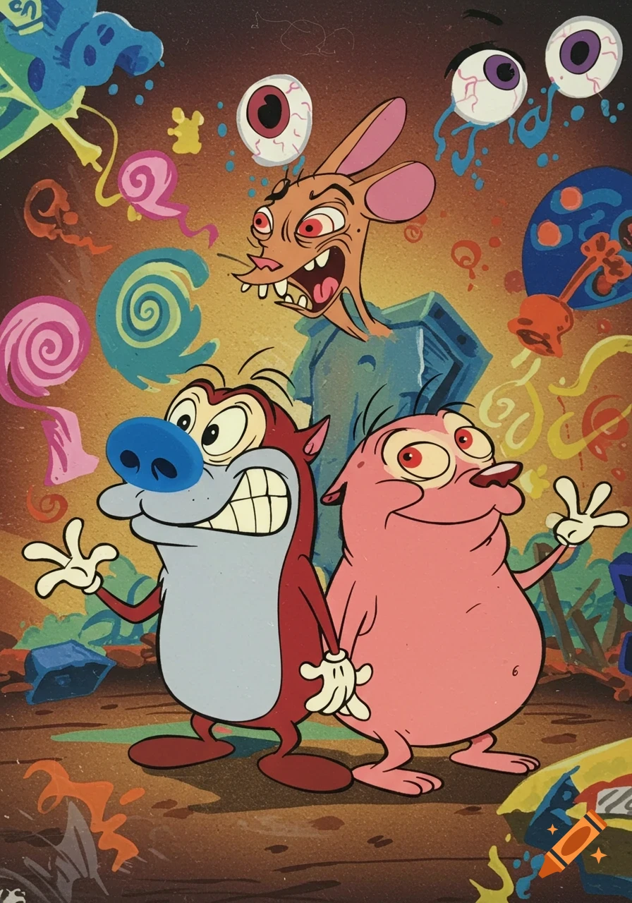 Ren, Stimpy, and Mr. Horse from Ren & Stimpy in a vibrant animated cel style.