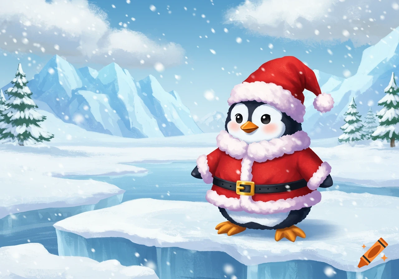 A cute cartoon penguin wearing a Santa costume stands on an ice floe in a snowy, icy landscape with mountains and pine trees.