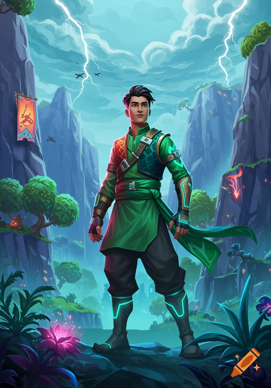 A male character in a green and red outfit stands in a mountainous fantasy landscape with lightning, in a Fortnite art style.