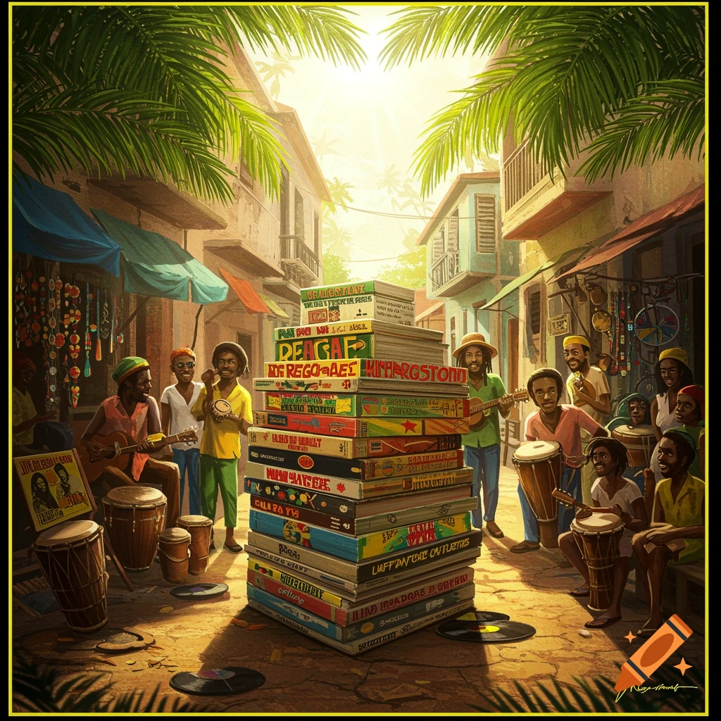 Vibrant street scene with musicians playing reggae, a large stack of records, palm trees, and sunny buildings in a tropical setting.