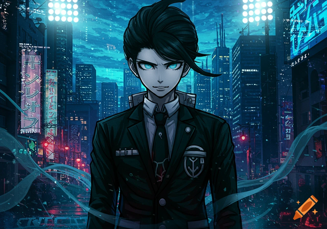 An anime character with black hair and glowing blue eyes in a dark suit stands in a cyberpunk city at night with neon lights.