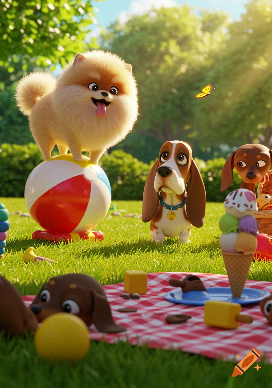 Animated scene of fluffy cartoon dogs playing in a sunny park with a beach ball, ice cream, and picnic blanket.
