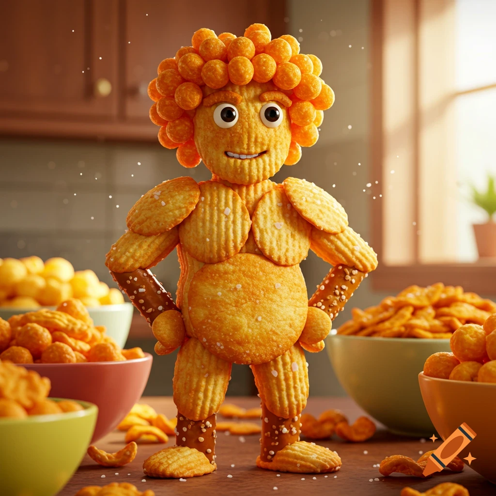 A whimsical character resembling a man, expertly crafted from salty snacks like crackers and cheese balls, stands on a kitchen table among bowls of treats.