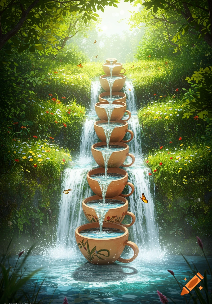 A whimsical waterfall made of stacked teacups flows in a lush, sunlit forest with flowers and butterflies.