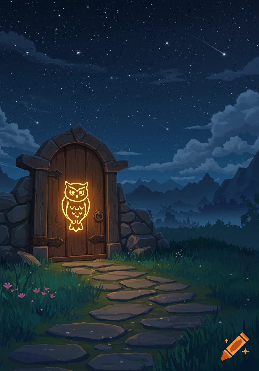 A fantasy wooden door with a glowing owl symbol, stone path, and starry night sky with distant mountains, in Genshin Impact style.
