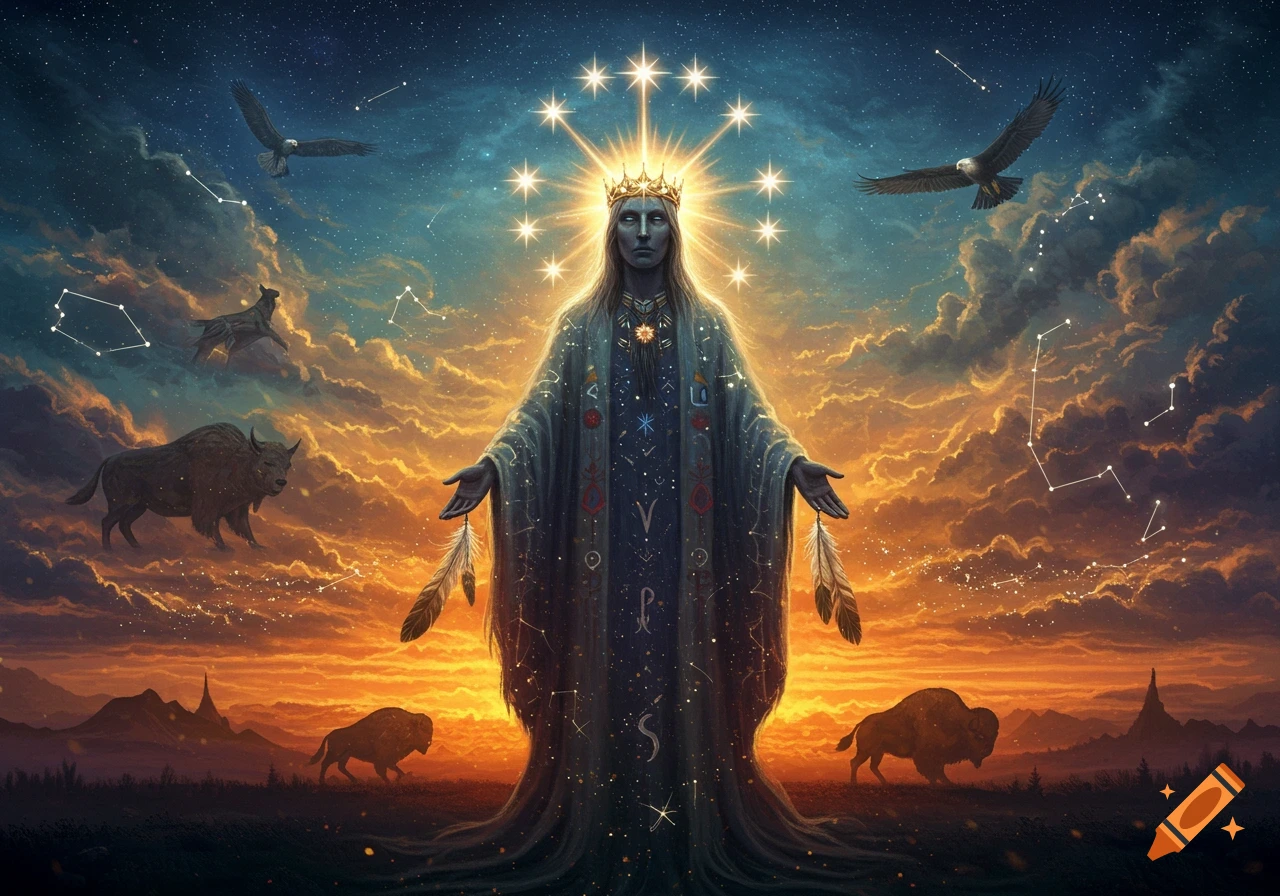 A regal, spiritual figure with a crown of stars stands with outstretched arms, holding feathers, against a starry sunset sky with constellations, eagles, and buffalo.