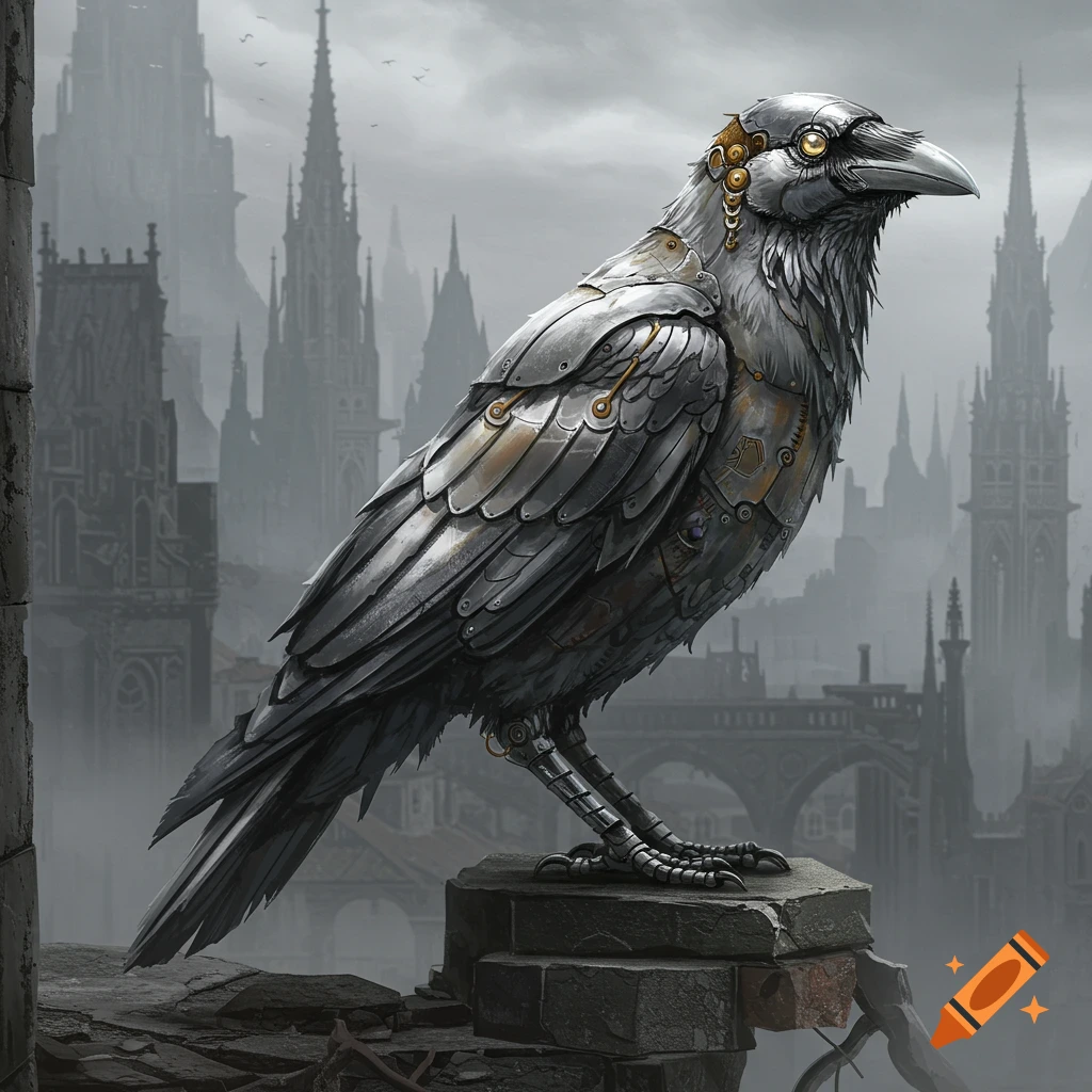 A detailed steampunk mechanical crow perches on a stone pedestal with a dark, gothic city in the background.