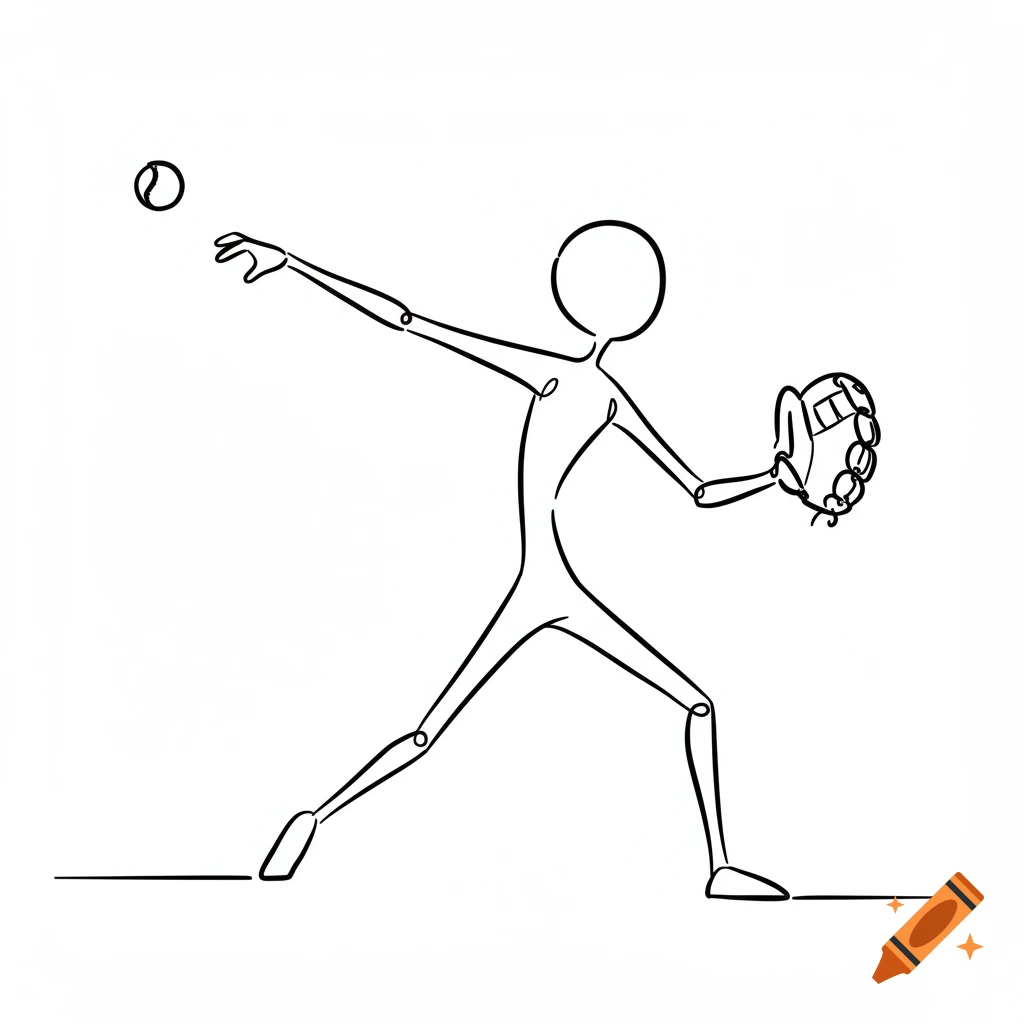 Stick figure throwing a baseball in a minimalist line art style on a white background.