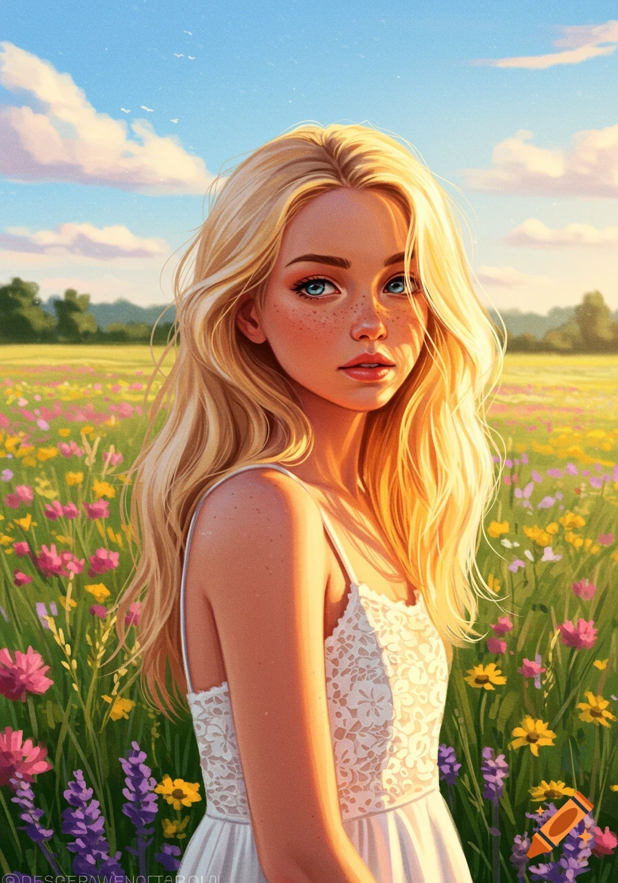 Stylized illustration of a blonde girl with blue eyes and freckles, standing in a sunny field of colorful wildflowers.