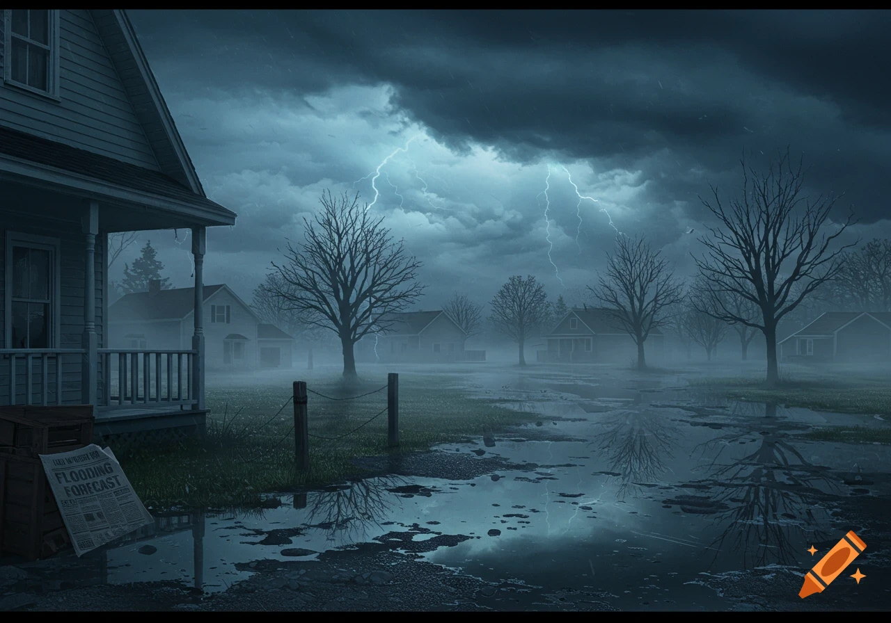 A dark, stormy landscape with lightning over houses, bare trees, and puddles reflecting the sky. A newspaper reads 'FLOODING FORECAST'.