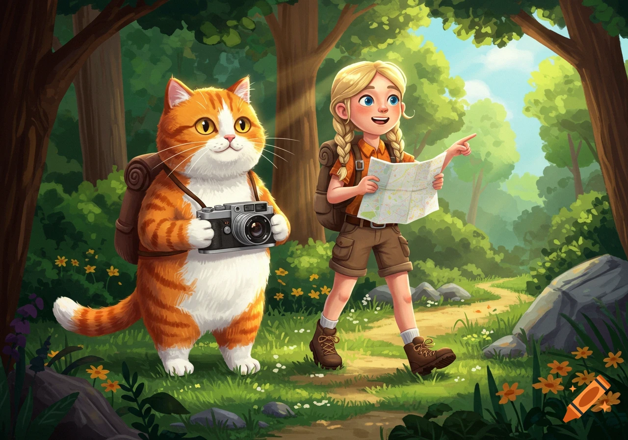An orange and white cat with a camera and a blonde girl with a map hike through a lush green forest in a cartoon style.