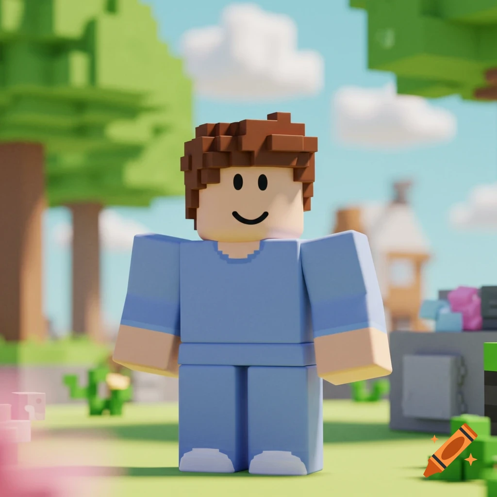 A smiling, blocky Roblox-style character in a light blue outfit stands in a voxel art outdoor environment.