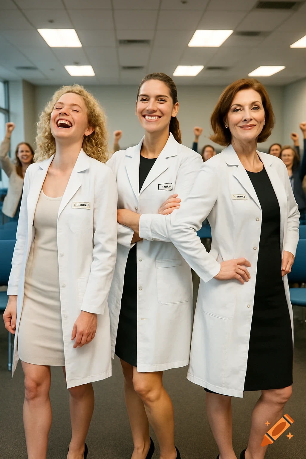 Three female tech leaders in white lab coats and dresses stand proudly in a modern conference room with cheering colleagues.