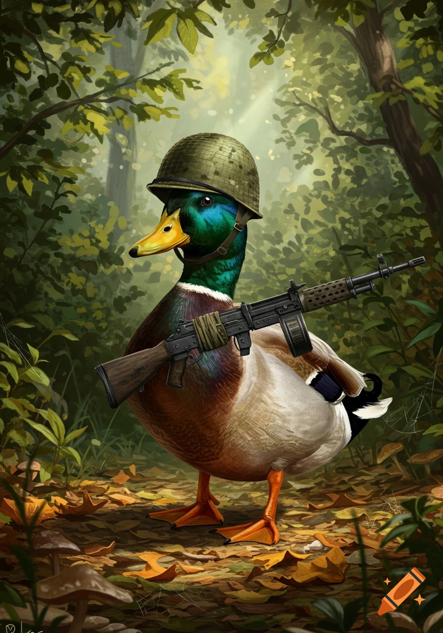 A mallard duck wearing an army helmet and holding a machine gun stands in a detailed forest.