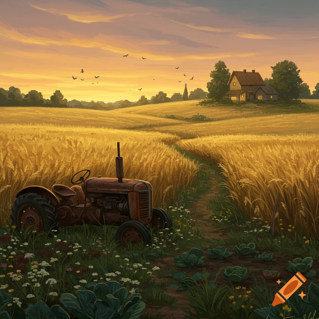 An old, rusty tractor sits in a golden wheat field at sunset, with a winding path leading to a distant farmhouse under an orange sky. Illustrated.
