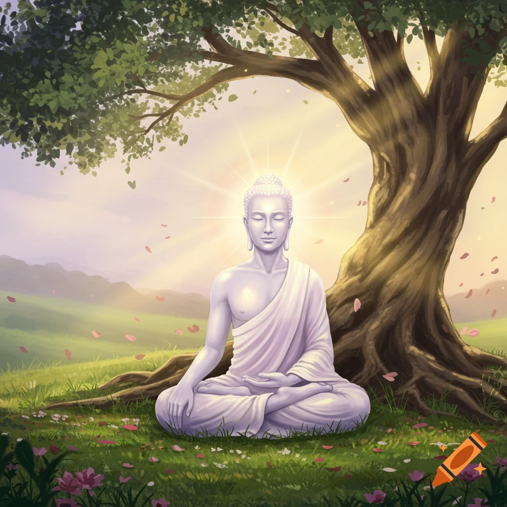 A serene Buddha figure meditating under a glowing tree in a grassy, flower-filled landscape, digital art.