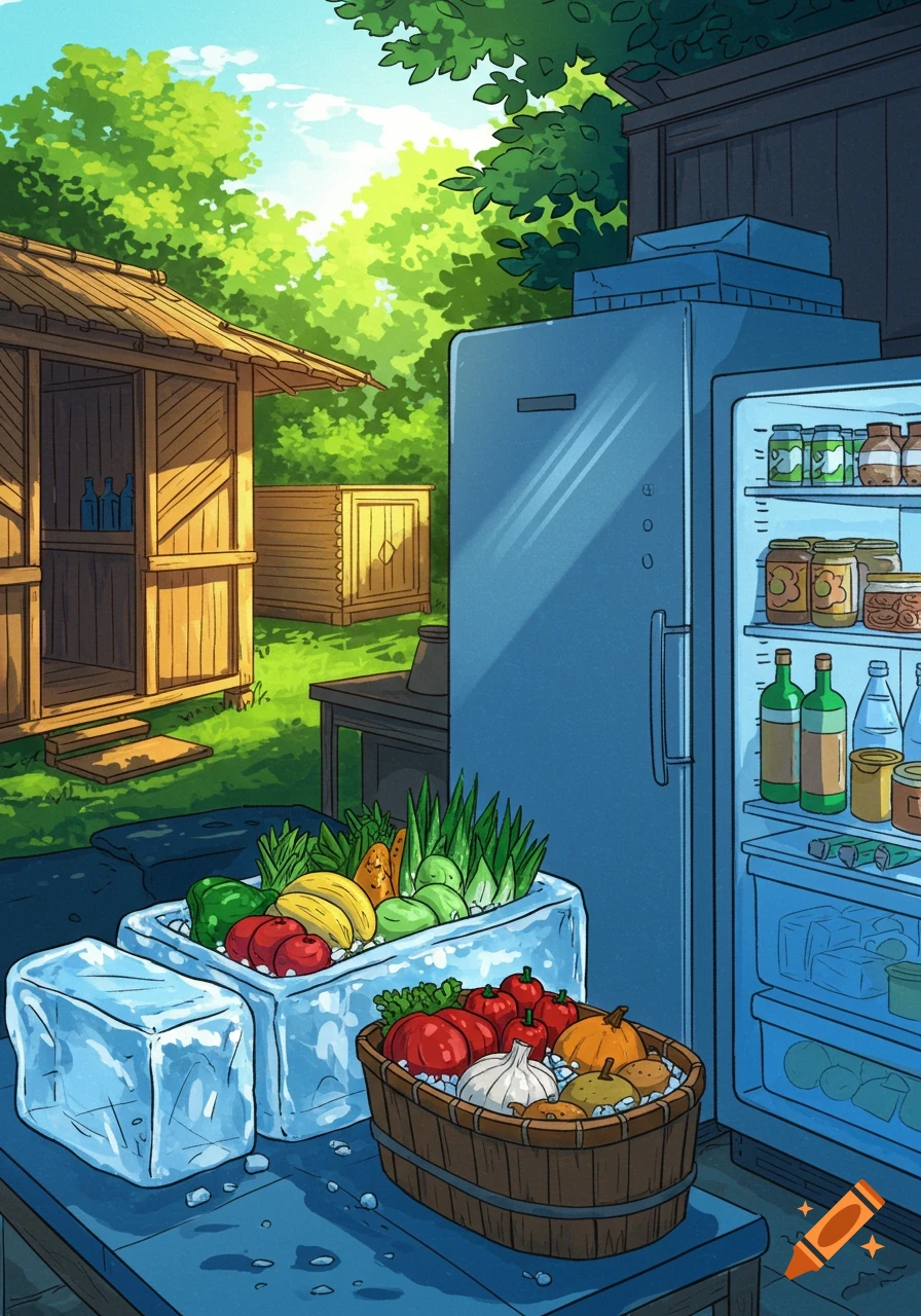 A cartoon illustration of an outdoor scene with an open refrigerator, ice containers, and a basket filled with fresh vegetables, next to a rustic wooden hut.