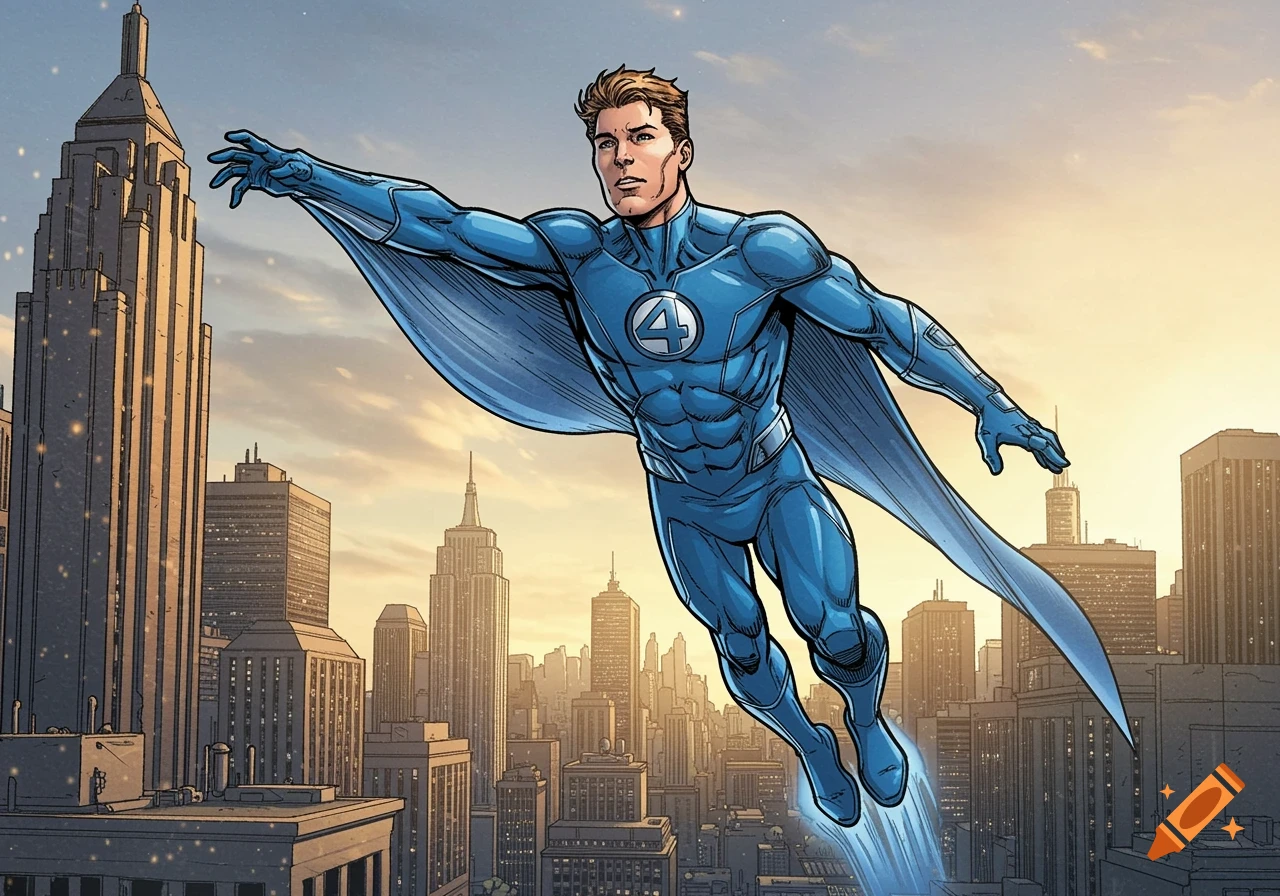 A male superhero in a blue suit with a '4' emblem on his chest flies above a city skyline in comic art style.