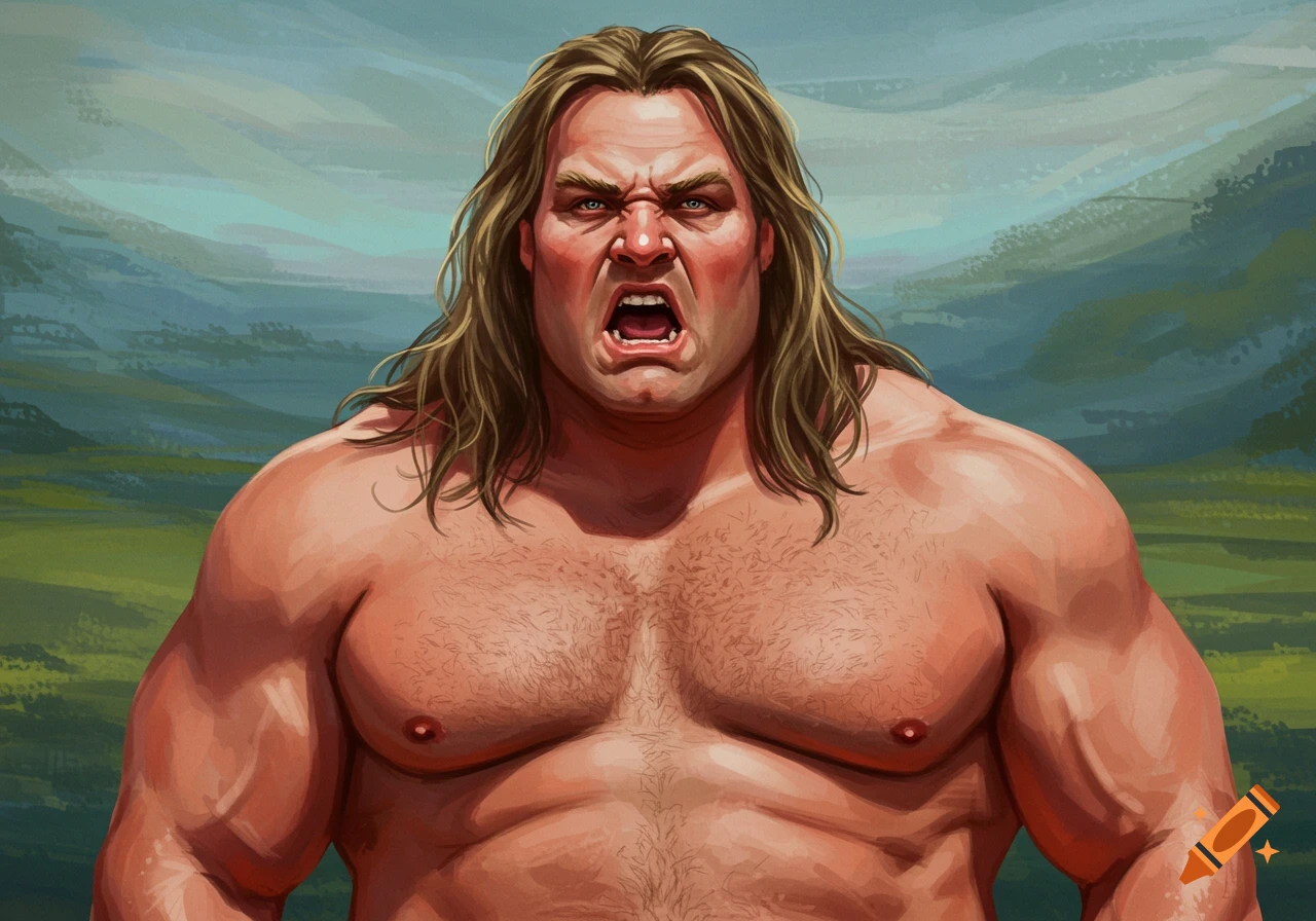 A close-up illustration of a large, muscular man with long blonde hair and an angry expression, set against a green and blue landscape.