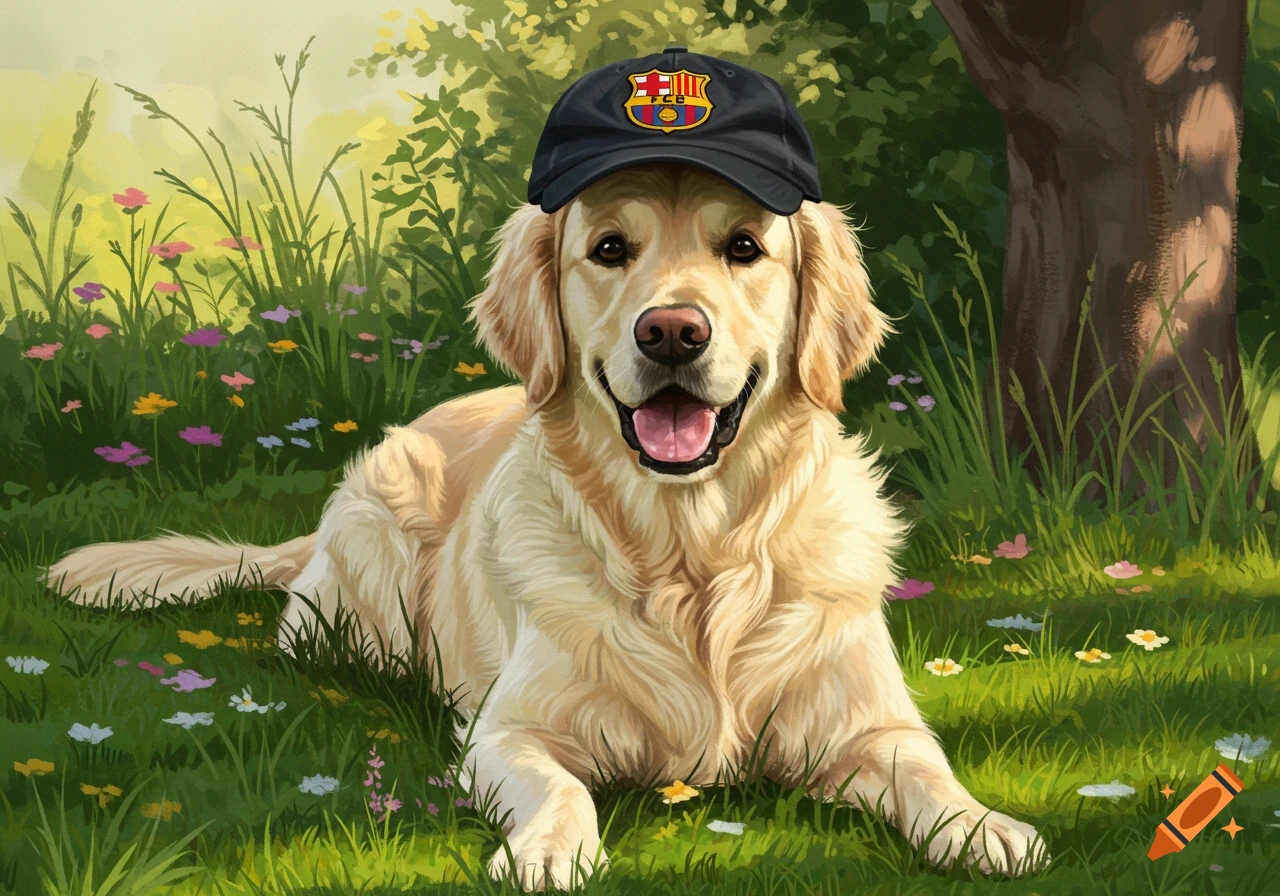 A happy golden retriever wears a black Barcelona soccer hat while lying in a field of colorful wildflowers.