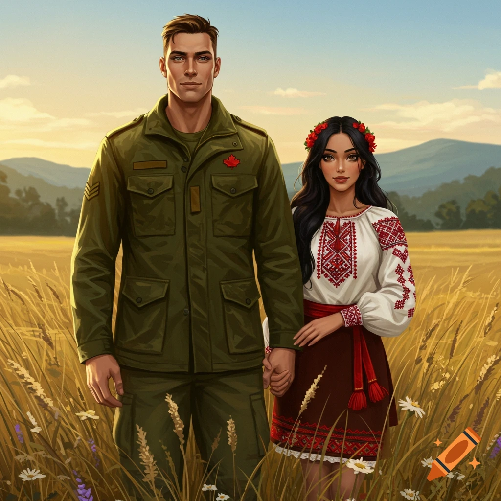A Canadian soldier in uniform holds hands with a woman in traditional Ukrainian dress in a golden field at sunset.