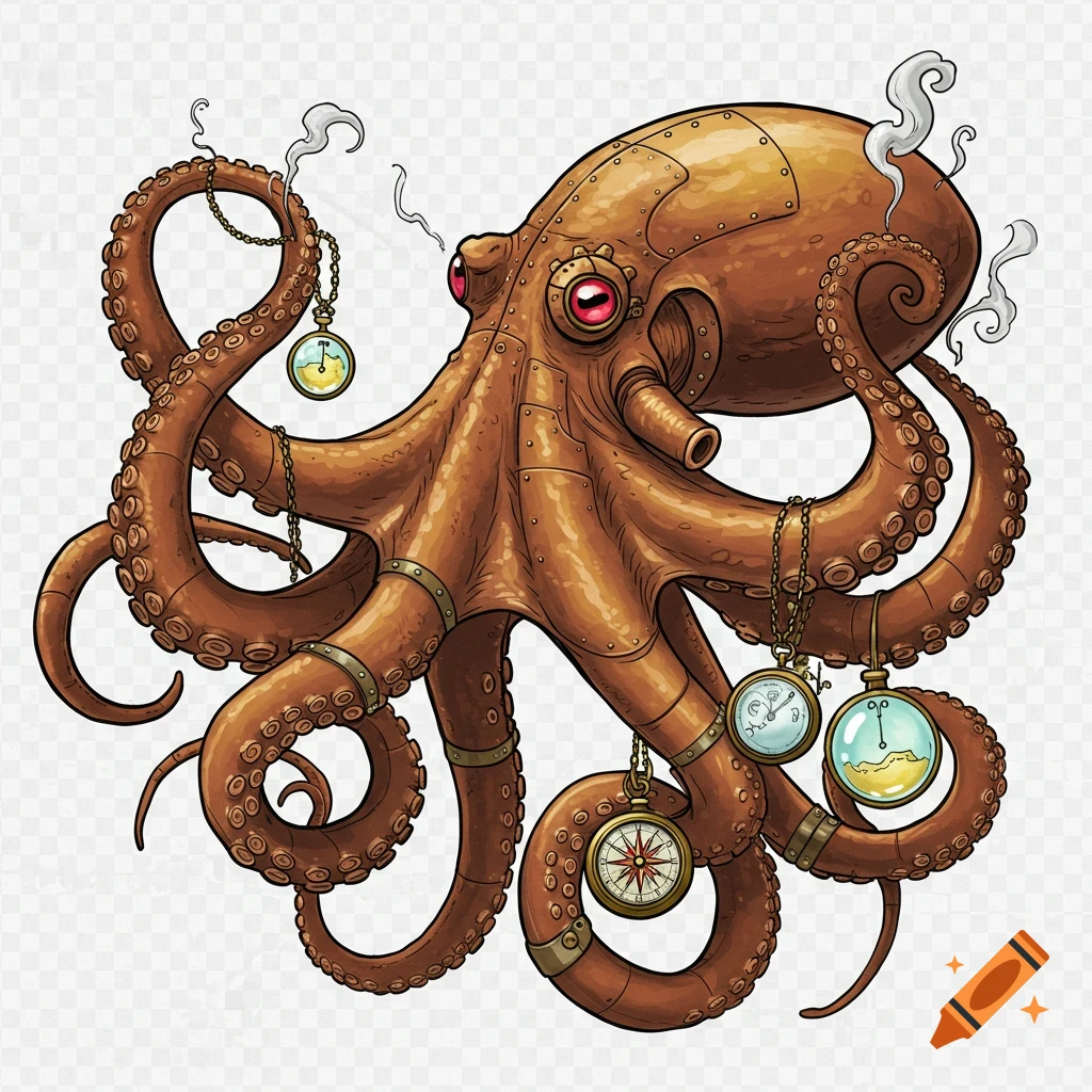 A detailed steampunk octopus illustration made of brass and copper, adorned with gears, rivets, and vintage artifacts like pocket watches.