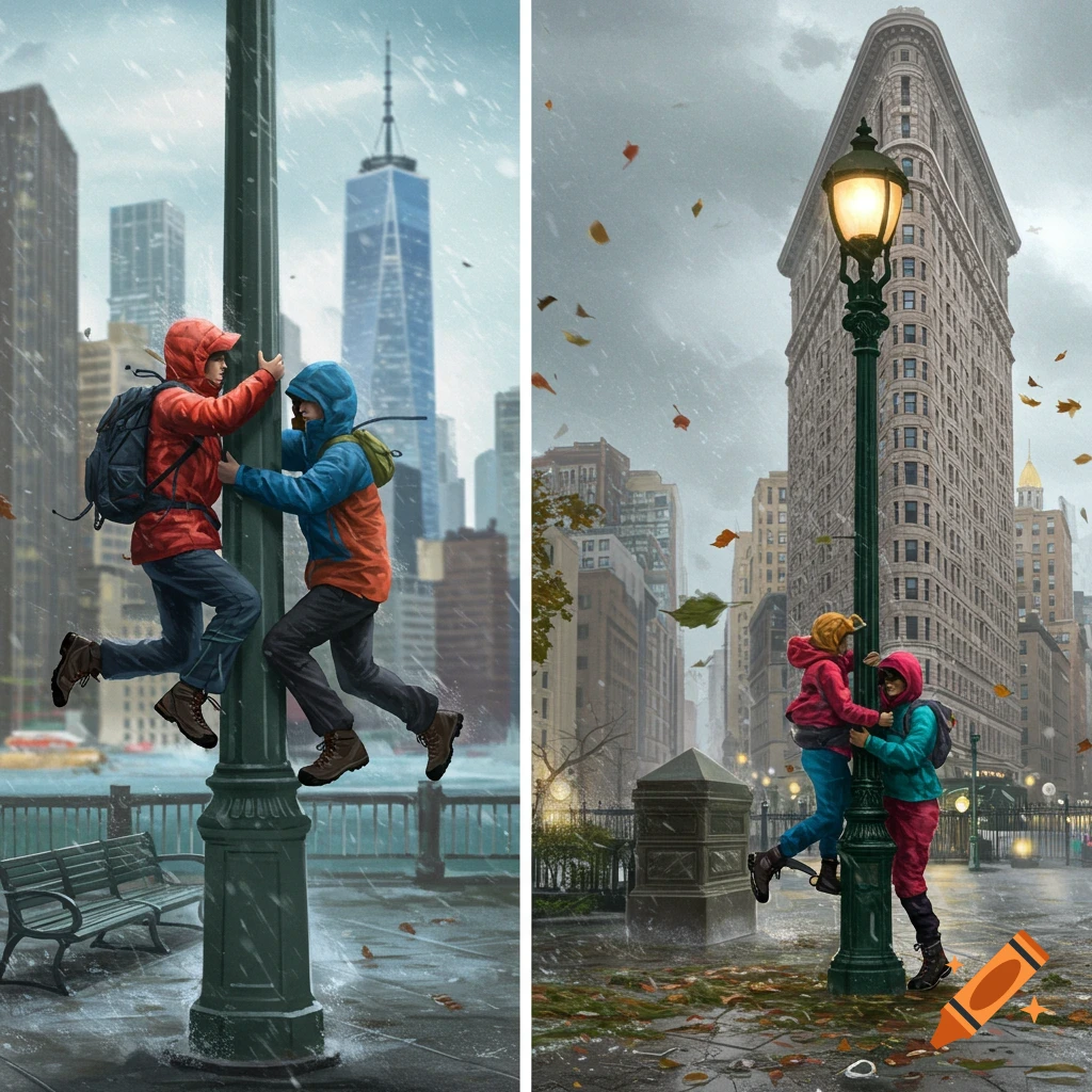 Two illustrated scenes of people in rain gear clinging to lampposts amidst a chaotic wind and rain storm in New York City, featuring the Flatiron Building and One World Trade Center.