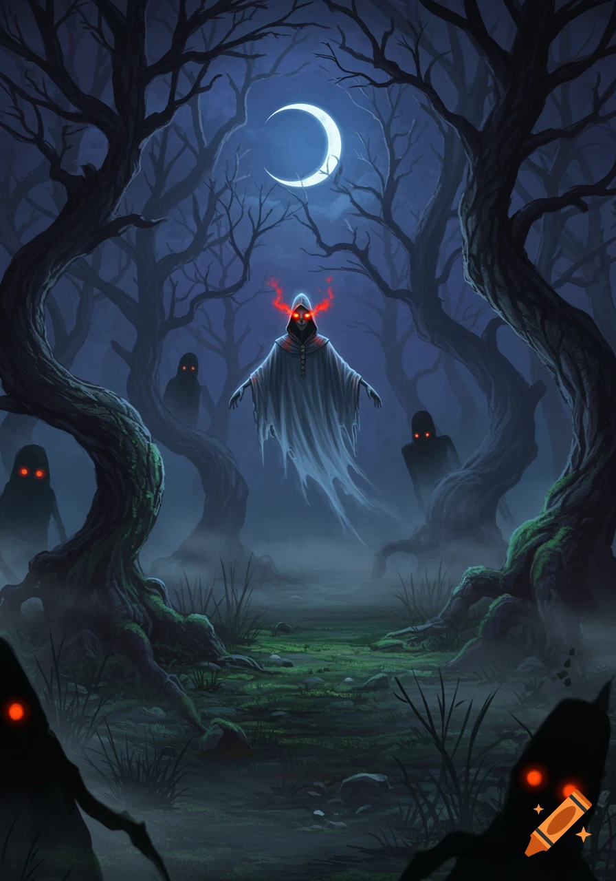 A robed figure with glowing red eyes floats in a dark, misty forest under a crescent moon, surrounded by shadowy figures.