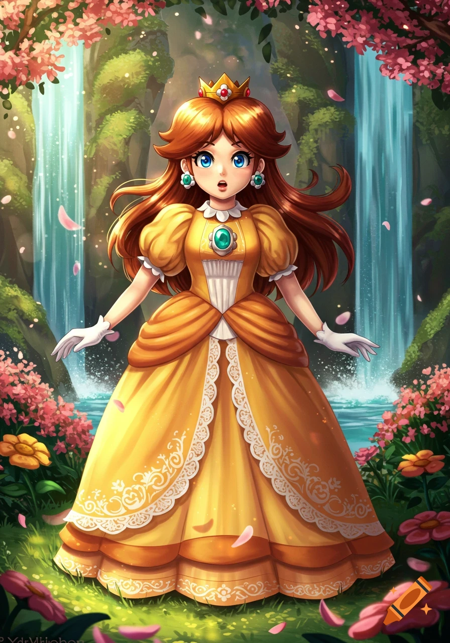 Princess Daisy stands surprised in a vibrant anime style forest with waterfalls, pink flowers, and falling petals.