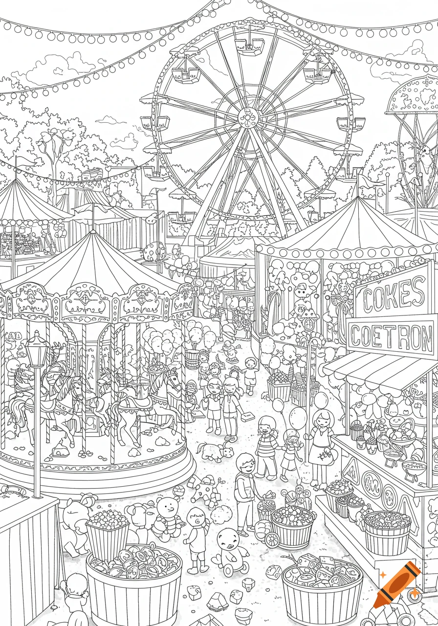 Detailed black and white line art coloring page of a bustling fairground with a Ferris wheel, carousel, and many children.