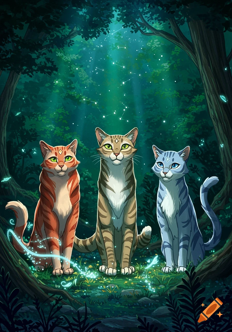 Three stylized cats sit in a mystical forest with glowing elements and star constellations visible through the trees.