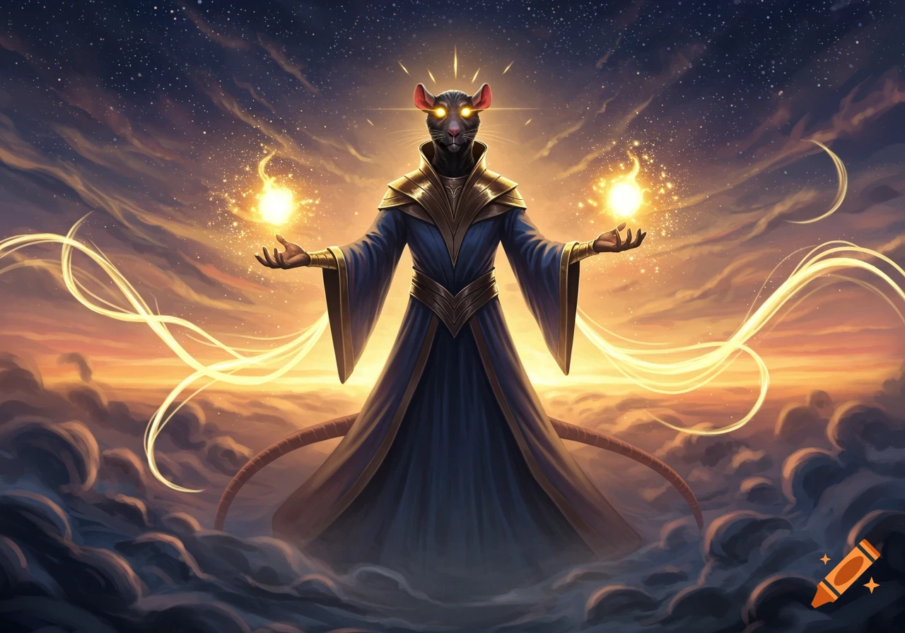 A rat-headed being in a blue robe conjures golden light orbs against a celestial sunset sky.