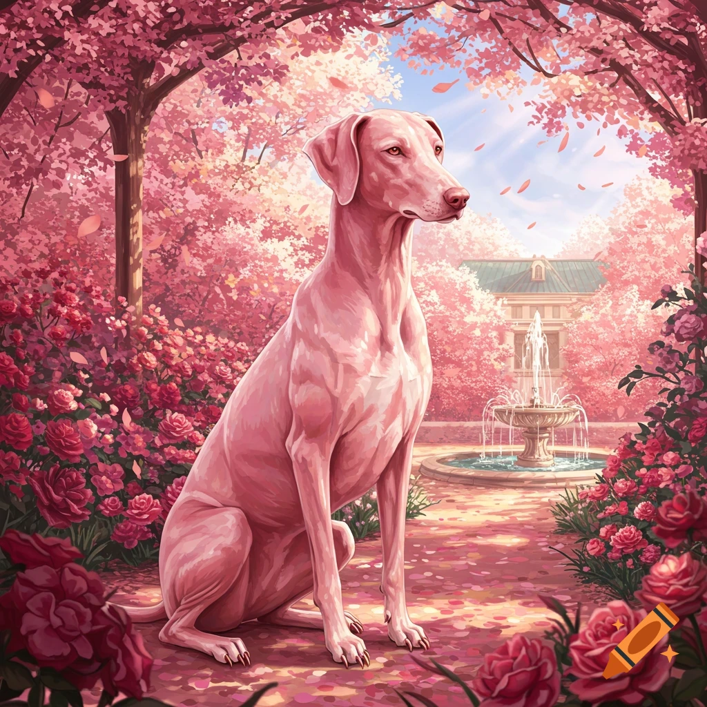 A pink dog sits in a vibrant pink garden with blooming trees, roses, and a fountain under a blue sky.