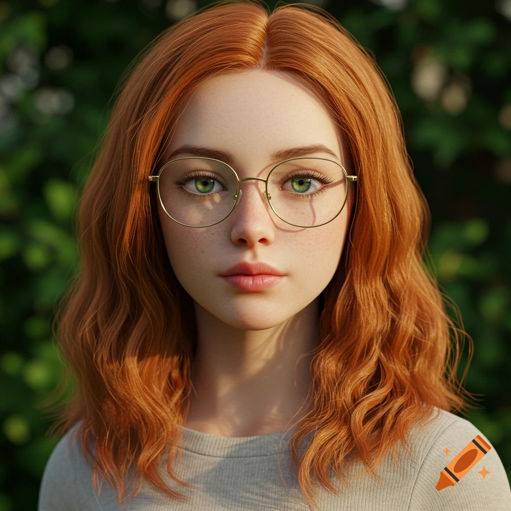 A close-up photorealistic portrait of a girl with long ginger hair, green eyes, and round glasses, set against a blurred green background.