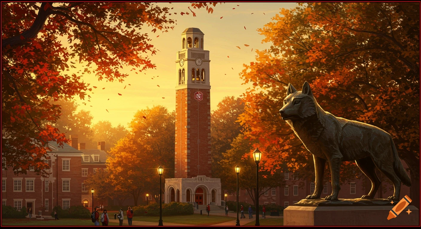 A painting of a university campus in autumn with a tall clock tower, brick buildings, and a wolf statue under a sunset sky.