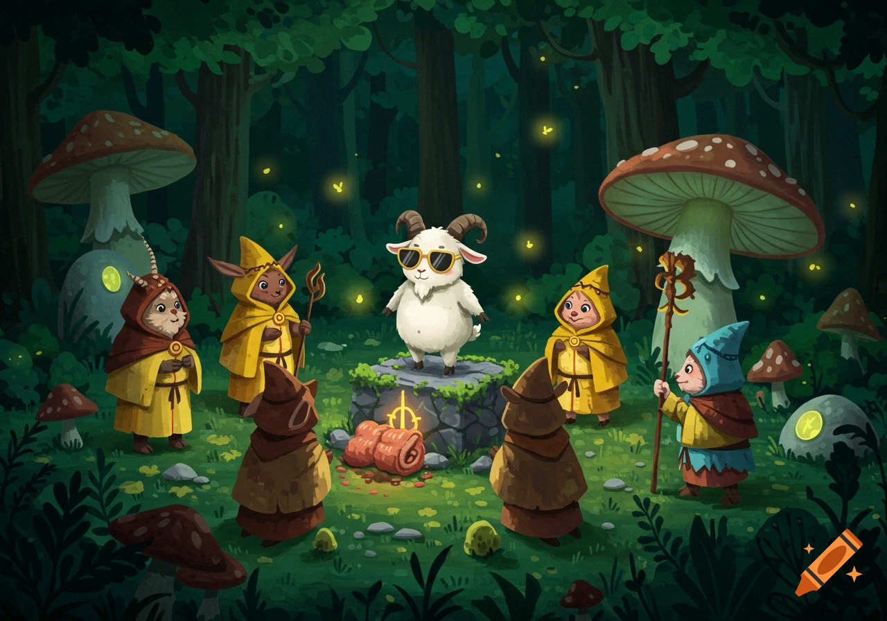 A cool cartoon goat in sunglasses stands on a stone altar, surrounded by small robed figures in a magical forest with giant mushrooms.