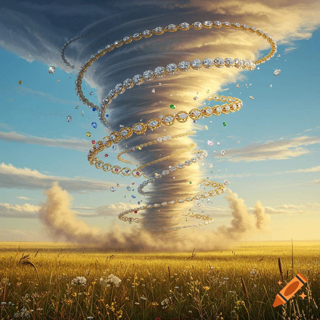 A surreal tornado made of sparkling gold and diamond jewelry spins over a golden field under a blue sky with clouds.