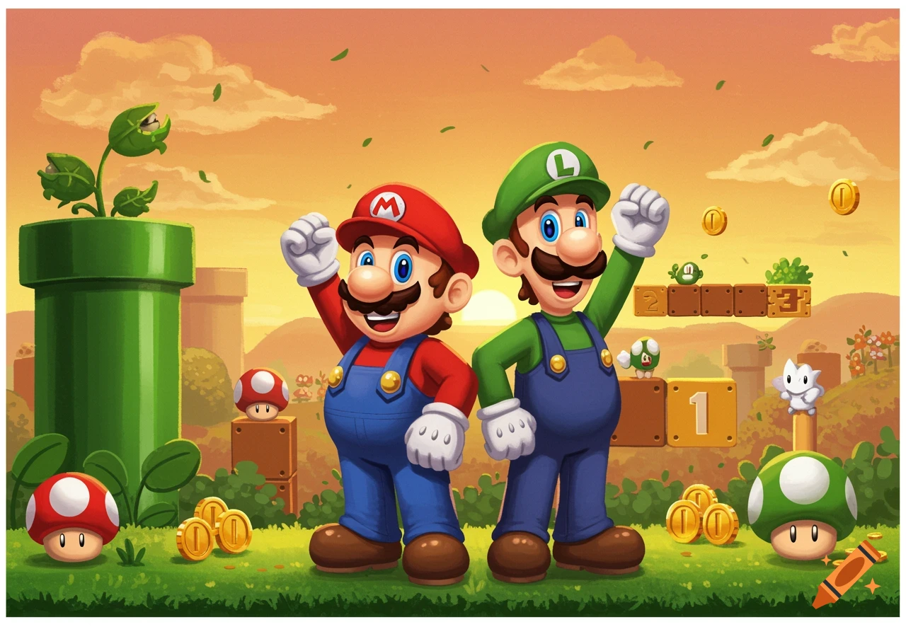 Mario and Luigi stand triumphant in a vibrant Super Mario Bros. landscape with coins, mushrooms, and blocks.