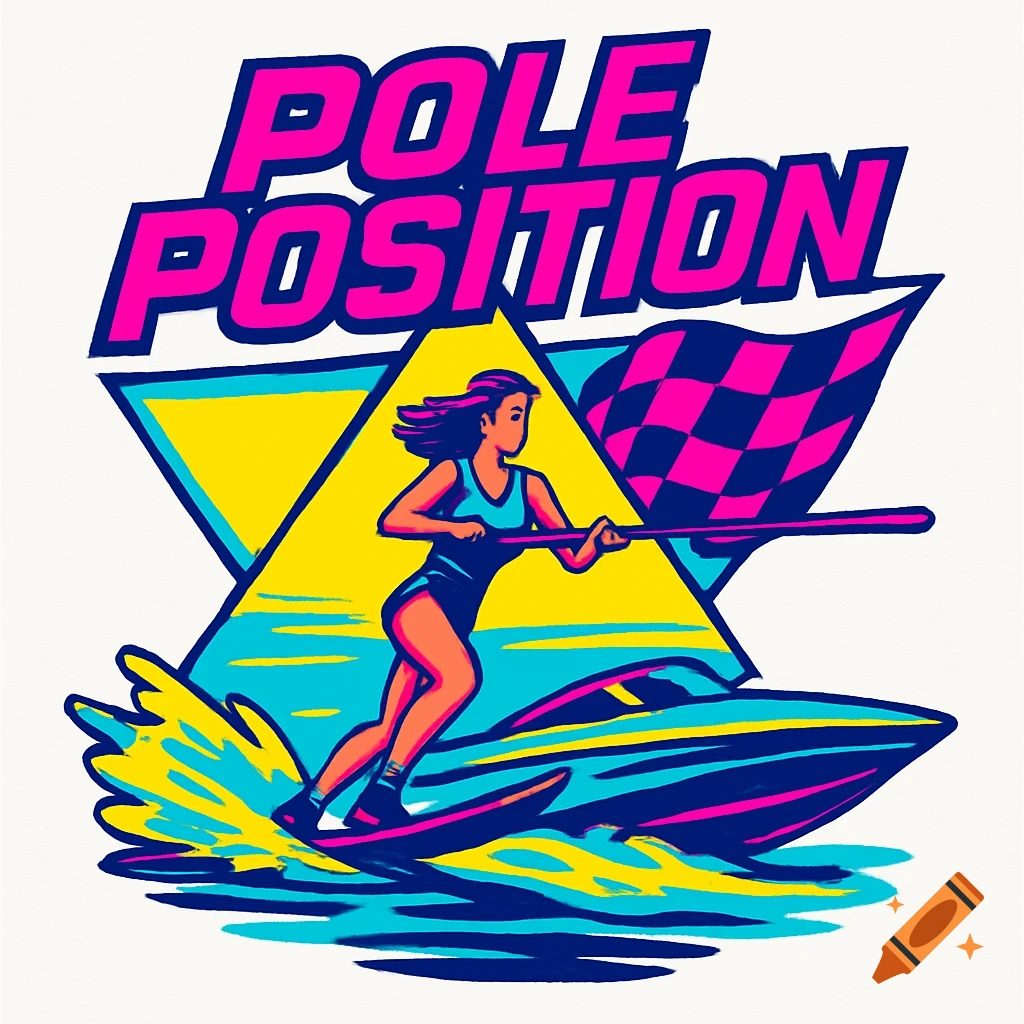 A 90s-style neon logo features a woman water skiing behind a speedboat, with a large pink and blue checkered flag and "POLE POSITION" text.