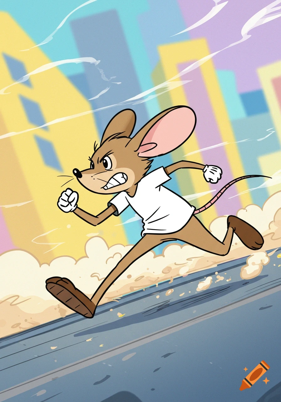A brown cartoon mouse with large ears and a white shirt runs at an angle across a city street, leaving a dust trail.
